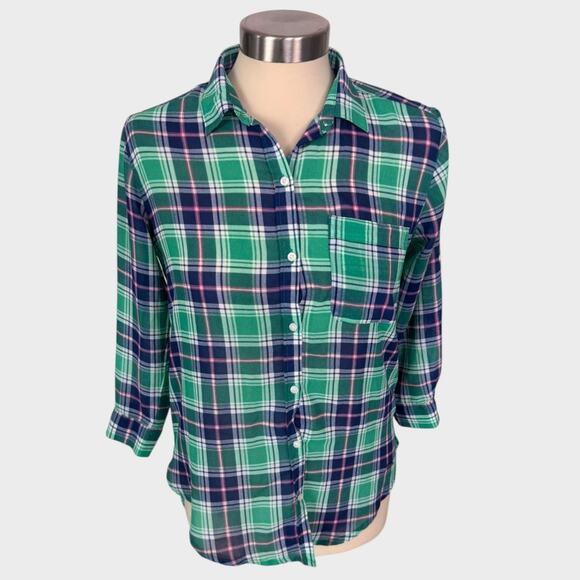 Hollister 3/4 Sleeve XS Green Blue Plaid Button Front Shirt 100% Polyester - Picture 1 of 7